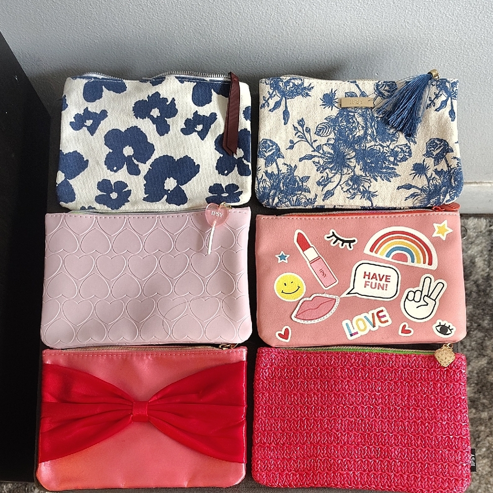 Ipsy Set of Six Stylish Pouches in Blue and Pink